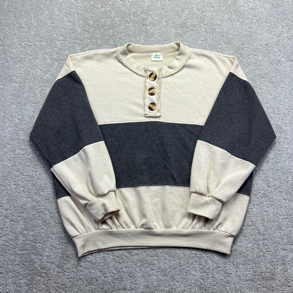 Blue Buttercup Sweatshirt Womens M/L Cream Gray Henley‎ Oversized Made in USA
